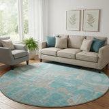 8' Teal Taupe And Beige Geometric Washable Round Rug With UV Protection