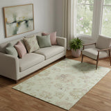 5' X 8' Artichoke Green Taupe And Beige Floral Washable Area Rug With UV Protection