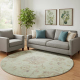 8' Artichoke Green Taupe And Beige Floral Washable Round Rug With UV Protection