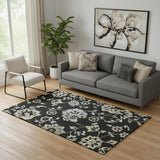 5' X 8' Black Silver And Beige Floral Washable Area Rug With UV Protection