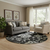 8' Black Silver And Beige Floral Washable Round Rug With UV Protection