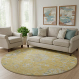 8' Gold And Silver Floral Washable Round Rug With UV Protection