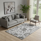 5' X 8' Gray And Charcoal Floral Washable Area Rug With UV Protection