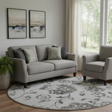 8' Gray And Charcoal Floral Washable Round Rug With UV Protection