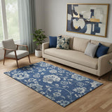 5' X 8' Navy Blue And Silver Floral Washable Area Rug With UV Protection