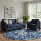 8' Navy Blue And Silver Floral Washable Round Rug With UV Protection
