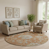 8' Rust And Gray Floral Washable Round Rug With UV Protection