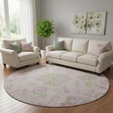 8' Pink And Green Floral Washable Round Rug With UV Protection
