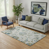 5' X 8' Taupe Blue And Gold Floral Washable Area Rug With UV Protection
