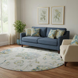 8' Taupe Blue And Gold Floral Washable Round Rug With UV Protection