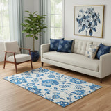 5' X 8' White And Blue Floral Washable Area Rug With UV Protection