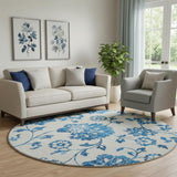 8' White And Blue Floral Washable Round Rug With UV Protection