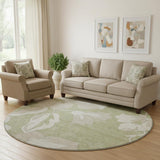8' Artichoke Green And Ivory Floral Washable Round Rug With UV Protection