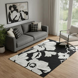 5' X 8' Black And Ivory Floral Washable Area Rug With UV Protection