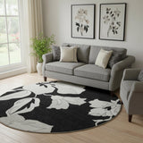 8' Black And Ivory Floral Washable Round Rug With UV Protection