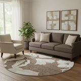 8' Brown And Ivory Floral Washable Round Rug With UV Protection