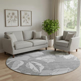 8' Gray And Silver Floral Washable Round Rug With UV Protection