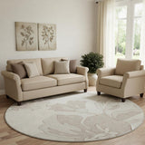 8' Ivory And Gray Floral Washable Round Rug With UV Protection