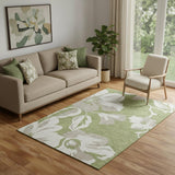 5' X 8' Olive Green And Gray Floral Washable Area Rug With UV Protection