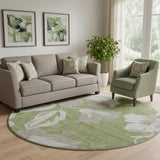 8' Olive Green And Gray Floral Washable Round Rug With UV Protection