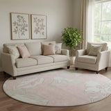 8' Pink And Ivory Floral Washable Round Rug With UV Protection