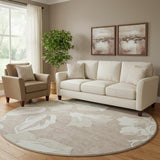 8' Taupe And Ivory Floral Washable Round Rug With UV Protection