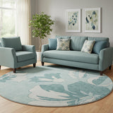 8' Teal And Ivory Floral Washable Round Rug With UV Protection