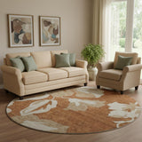 8' Terra Cotta And Beige Floral Washable Round Rug With UV Protection