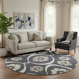 8' Black And Ivory Medallion Washable Round Rug With UV Protection
