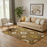 5' X 8' Coffee Gold And Beige Medallion Washable Area Rug With UV Protection