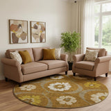 8' Coffee Gold And Beige Medallion Washable Round Rug With UV Protection
