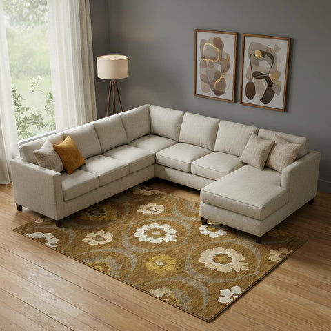 8' X 10' Coffee Gold And Beige Medallion Washable Area Rug With UV Protection