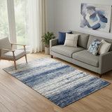 5' X 8' Navy Blue And Ivory Striped Washable Area Rug With UV Protection