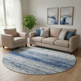 8' Navy Blue And Ivory Striped Washable Round Rug With UV Protection