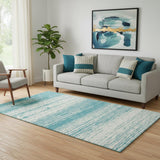 5' X 8' Teal And Ivory Striped Washable Area Rug With UV Protection