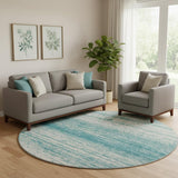 8' Teal And Ivory Striped Washable Round Rug With UV Protection