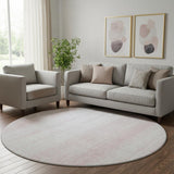 8' Pink And Ivory Striped Washable Round Rug With UV Protection