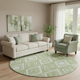 8' Green And Ivory Geometric Washable Round Rug With UV Protection