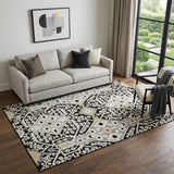 5' X 8' Black Gray And Gold Floral Washable Area Rug With UV Protection