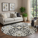 8' Black Gray And Gold Floral Washable Round Rug With UV Protection