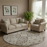 8' Chocolate Gray And Beige Floral Washable Round Rug With UV Protection