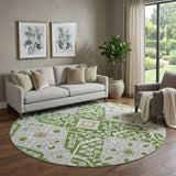 8' Green Ivory And Gray Floral Washable Round Rug With UV Protection