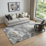5' X 8' Gray Gold And Ivory Abstract Washable Area Rug With UV Protection