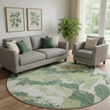 8' Green Ivory And Beige Abstract Washable Round Rug With UV Protection