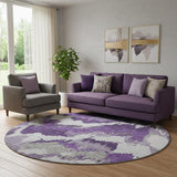 8' Purple Ivory And Gray Abstract Washable Round Rug With UV Protection