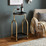 17" Black And Brass Steel and Solid Wood Distressed Round Rolling Bar Cart