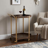 27" Walnut And Brass Wood and Steel Rolling Bar Cart