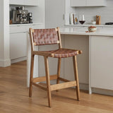 Set of Two 26" Brown Leather And Solid Wood Low Back Counter Height Bar Chairs