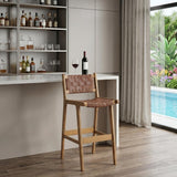 Set of Two 29" Brown Leather And Solid Wood Low Back Bar Height Bar Chairs