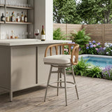 30" Gray Natural and White Aluminum And Faux Rattan Swivel Bar Height Chair